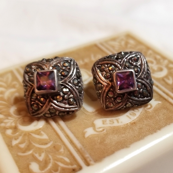 VTG Amethyst Marcasite Sterling Silver Domed Square Earrings - Picture 3 of 7